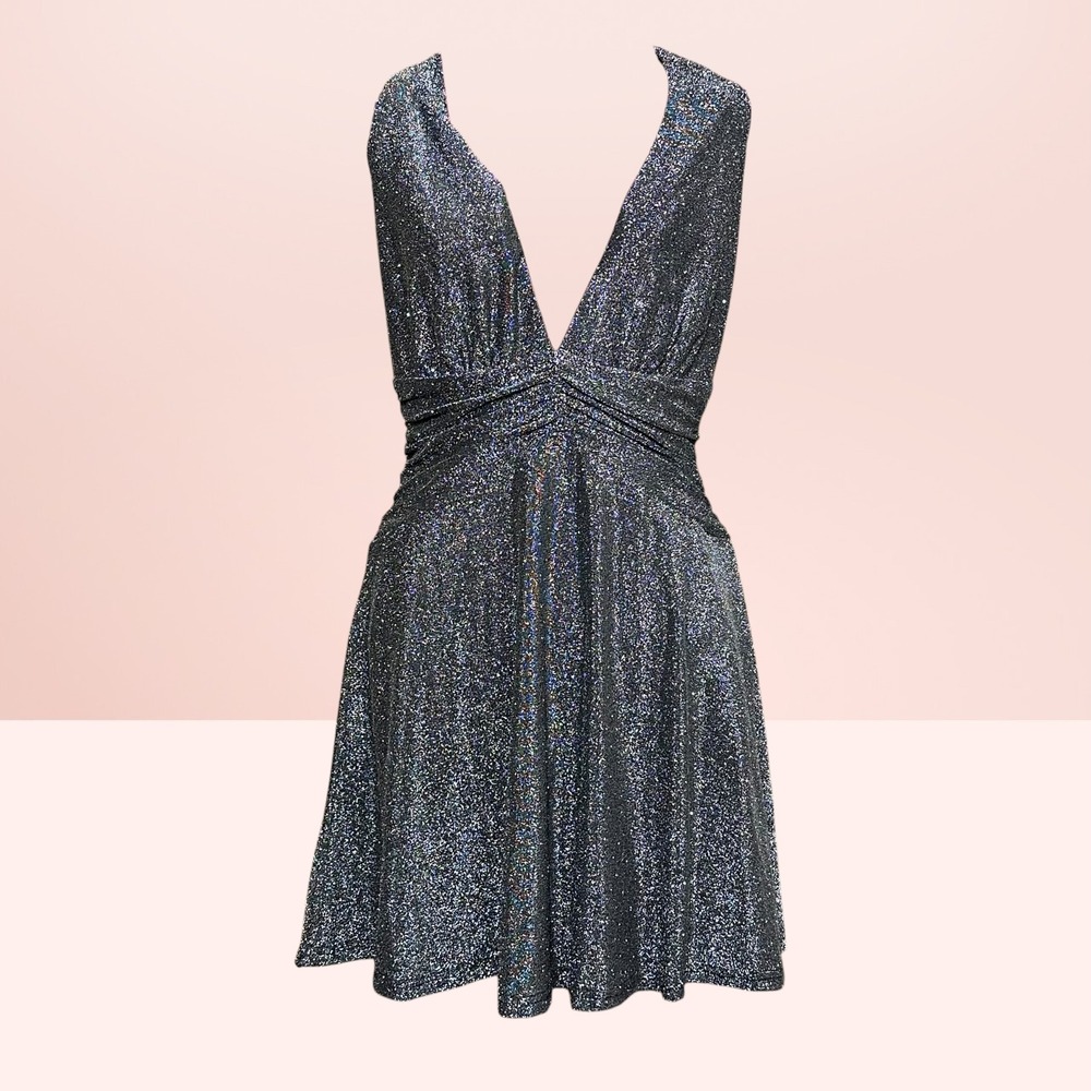 Privy Glitter Halter Mini Dress Deep V Neck Sparkly Party Size S Silver Multi